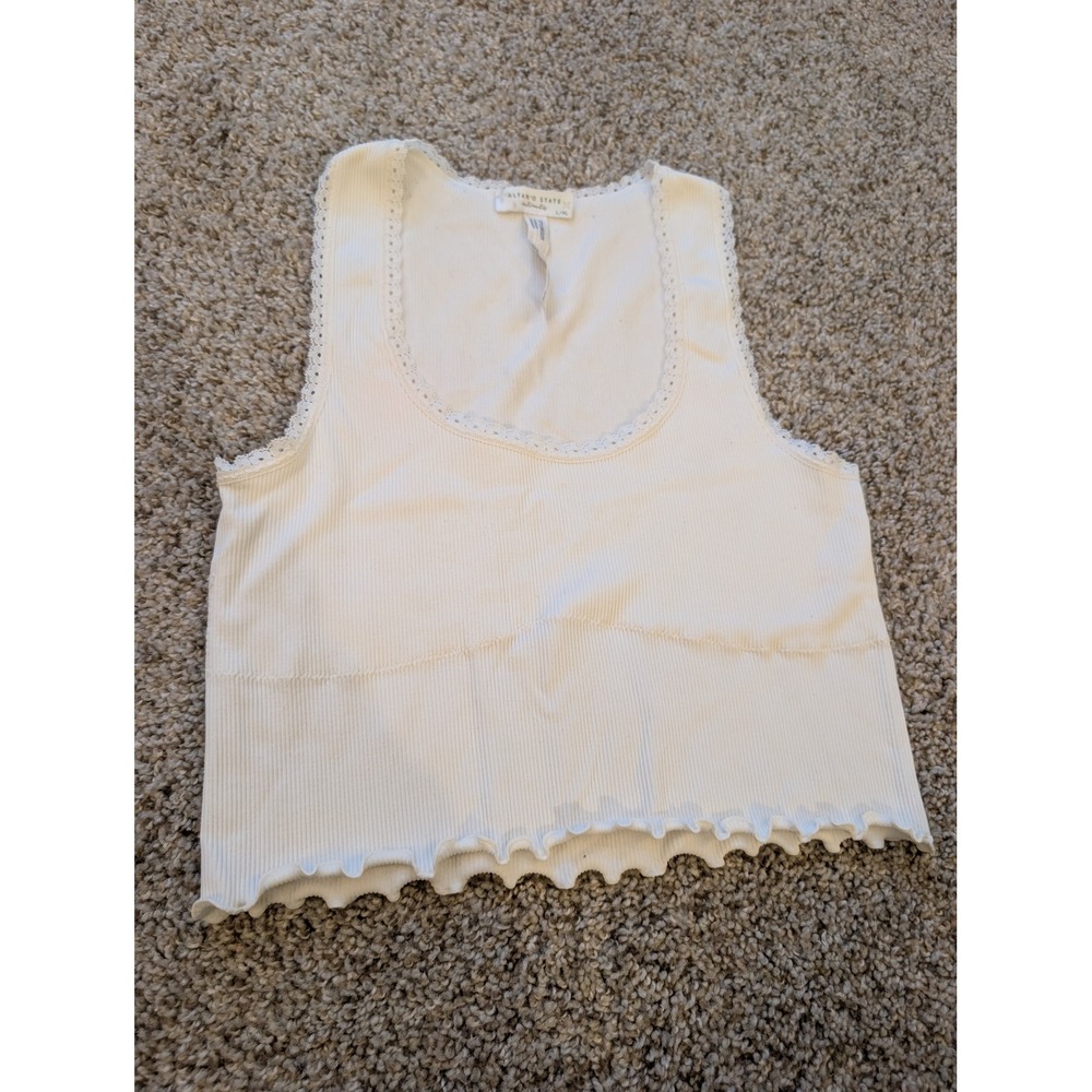 Altard State Intimates Ribbed Crop Tank Top Cream Lace Trim Lettuce Hem L/XL